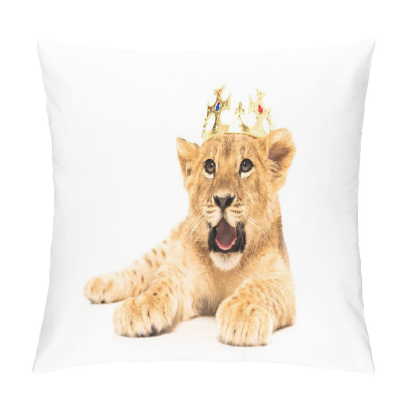 Personality  Cute Lion Cub In Golden Crown Isolated On White Pillow Covers