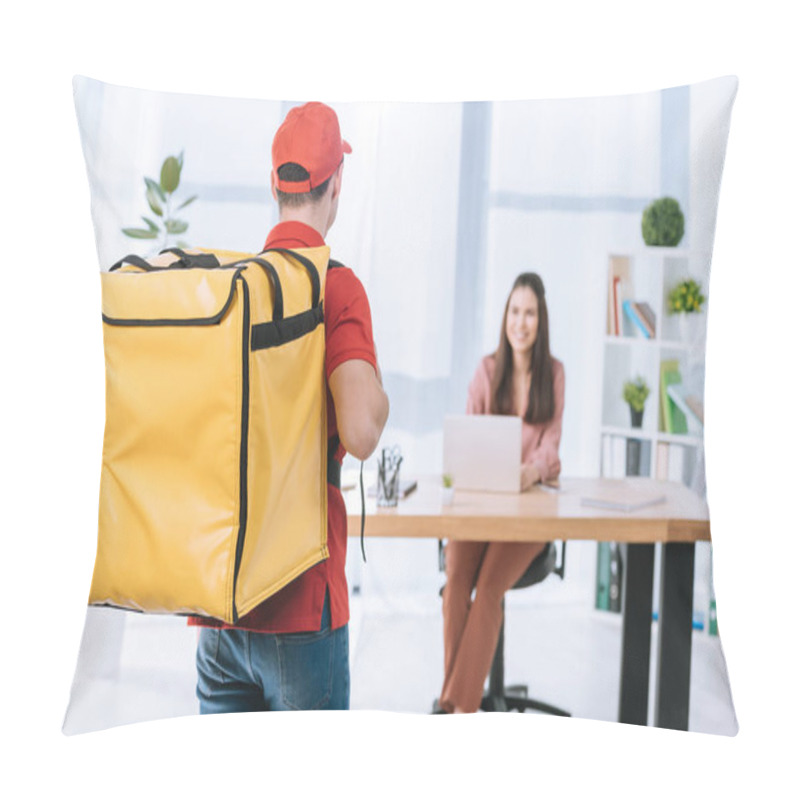 Personality  Back View Of Delivery Man With Thermo Backpack And Smiling Businesswoman At Table In Office Pillow Covers