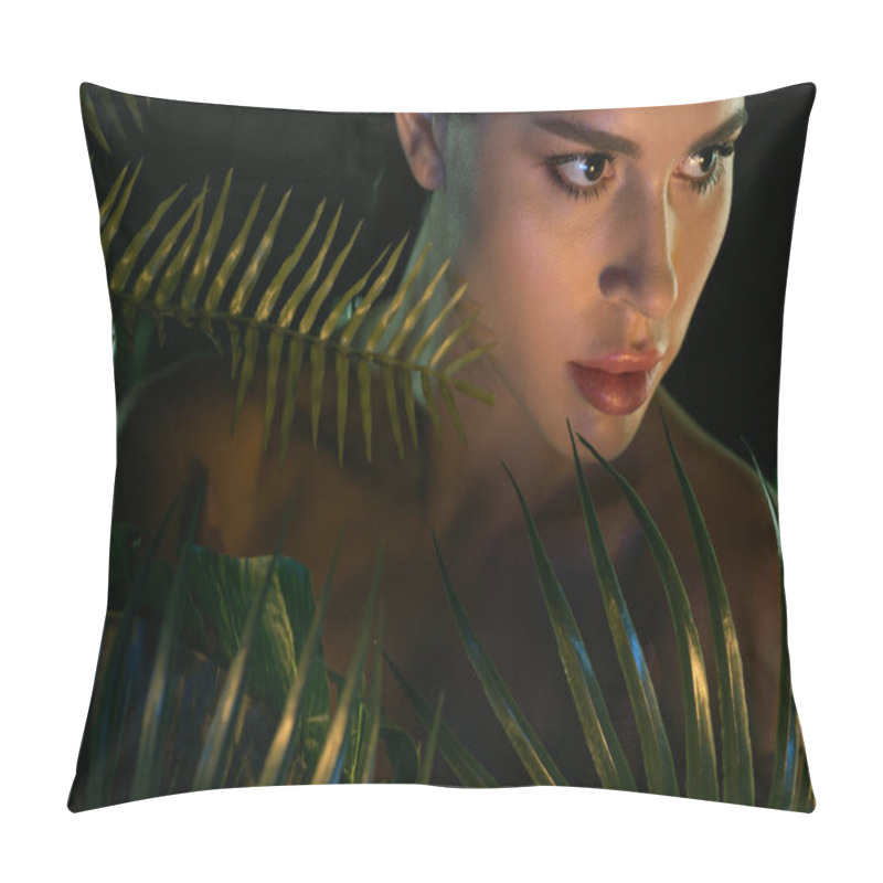 Personality  Selective Focus Of Beautiful Woman And Green Leaves Isolated On Black Pillow Covers