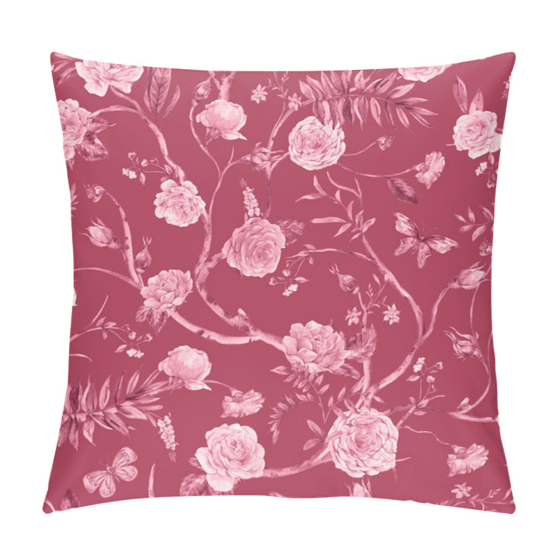 Personality  Watercolor Garden Rose Bouquet, Blooming Tree Seamless Pattern, Chinoiserie Floral Texture On Red Pillow Covers