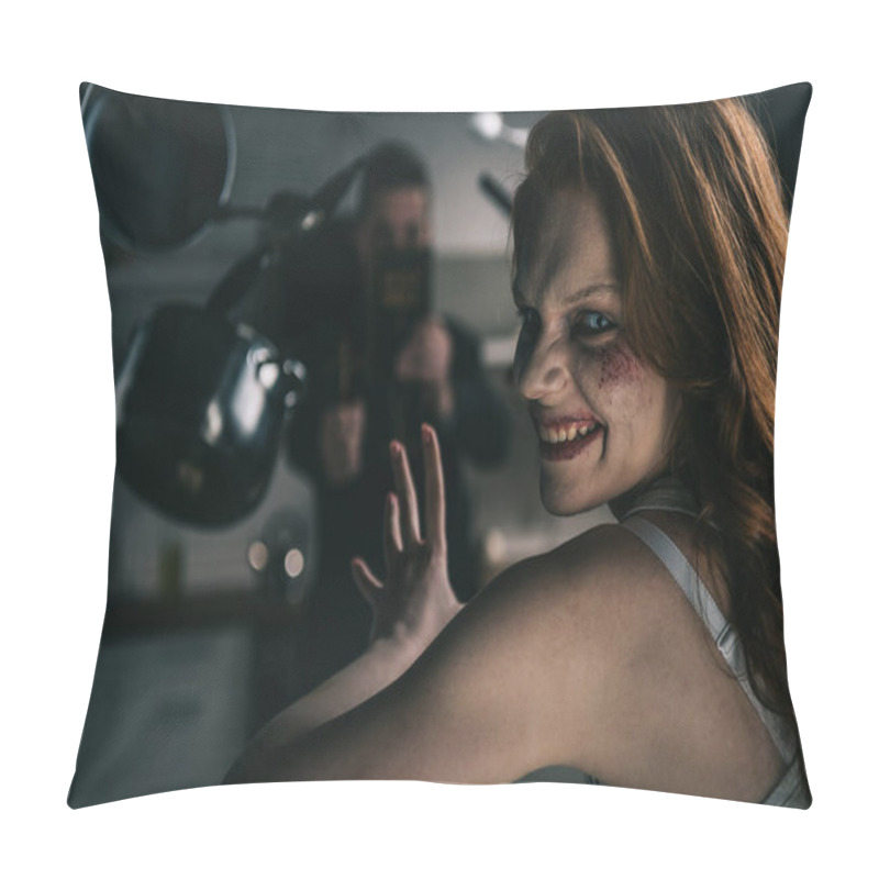 Personality  Selective Focus Of Exorcist And Smiling Demon With Levitating Cookware In Kitchen Pillow Covers