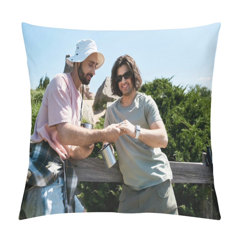 Personality  A Young Gay Couple Hikes Through A Scenic Wilderness Area, Enjoying A Sunny Summer Day Together. Pillow Covers