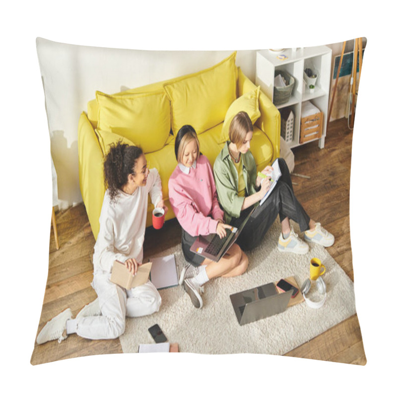 Personality  Three Diverse Teenage Girls Deeply Focus On A Laptop As They Collaborate And Study Together In A Cozy Home Setting. Pillow Covers