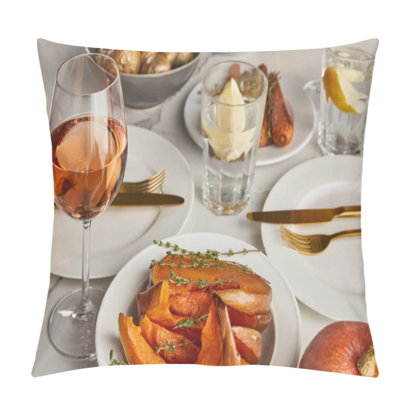 Personality  Baked Pumpkin And Glasses With Lemon Water And Rose Wine On Marble Table Pillow Covers