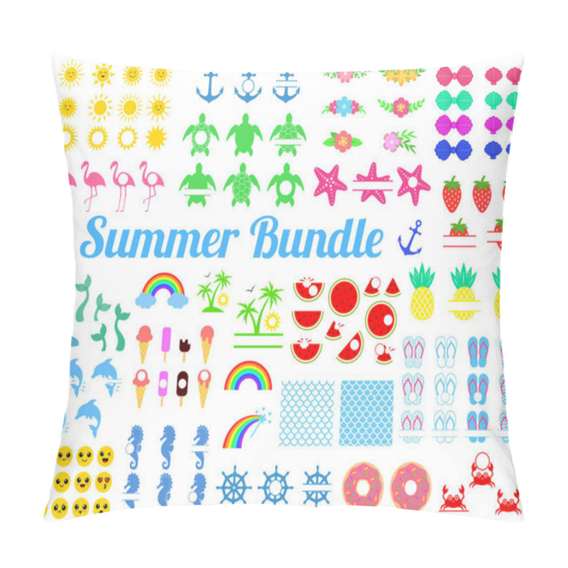 Personality  Big Summer Bundle With Design Elements. Turtle, Sun, Seahorse, Mermaid Tail, Rainbow, Flamingo, Watermelon, Pineapple, Dolphin Anchor Strawberry Crab Palm Donut Shells Vector Illustration Pillow Covers