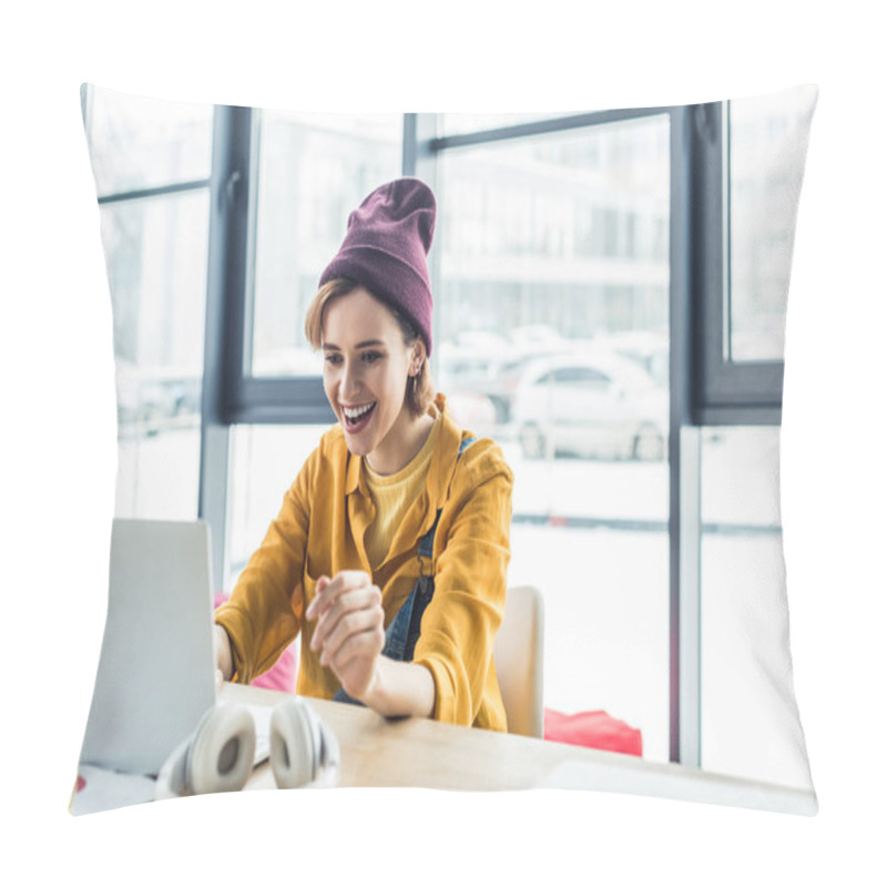 Personality  Happy Young Female It Specialist Using Laptop In Loft Office  Pillow Covers