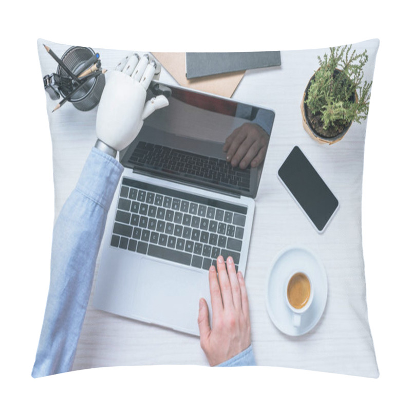 Personality  Partial View Of Businessman With Prosthetic Arm Opening Laptop At Table In Office  Pillow Covers