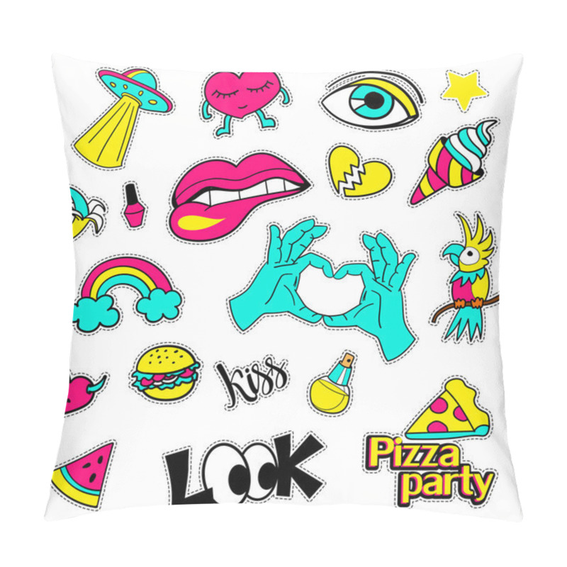 Personality  Fashion Patch Badges. Big Set. Pop Art. Stickers, Pins, Embroidery, Patches And Handwritten Notes Collection In Cartoon 80s-90s Comic Style. Trend. Vector Illustration Isolated. Pillow Covers