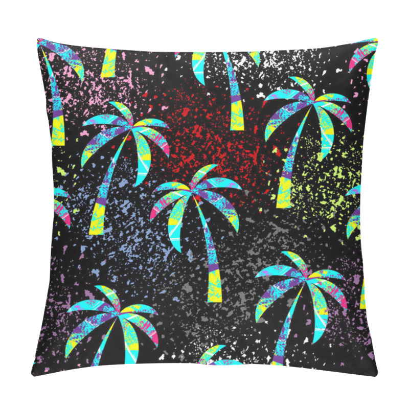 Personality  Multicolored Palm Trees On Black Background And Spray Effect. Abstract Seamless Pattern. Pillow Covers