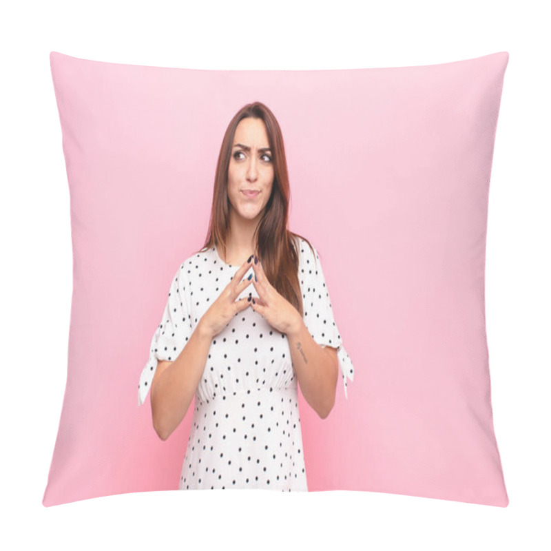 Personality  Young Pretty Woman Scheming And Conspiring, Thinking Devious Tricks And Cheats, Cunning And Betraying Against Pink Wall Pillow Covers