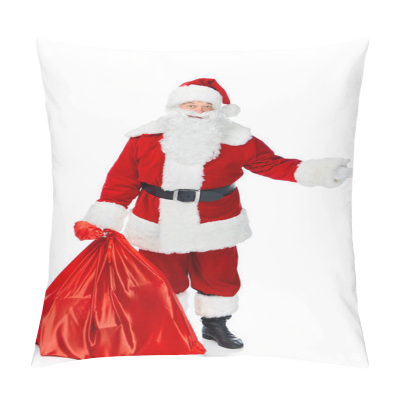 Personality  Santa Claus With Red Christmas Bag Showing Something Isolated On White Pillow Covers