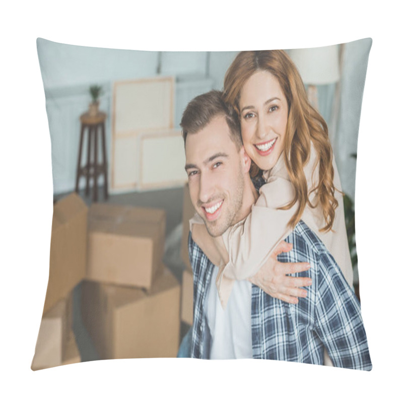 Personality  Portrait Of Happy Wife Hugging Husband At New Home With Cardboard Boxes, Relocation Concept Pillow Covers