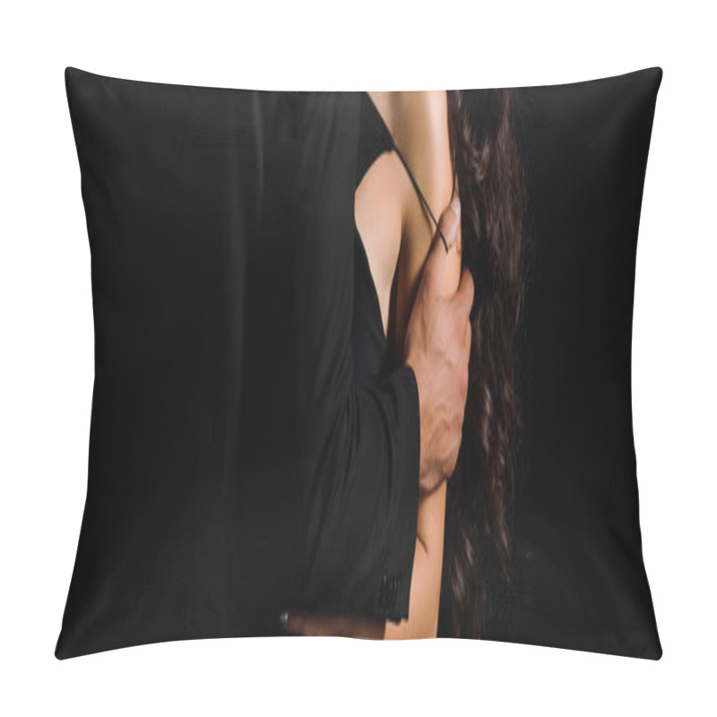 Personality  Panoramic Shot Of Man Undressing Woman Isolated On Black  Pillow Covers