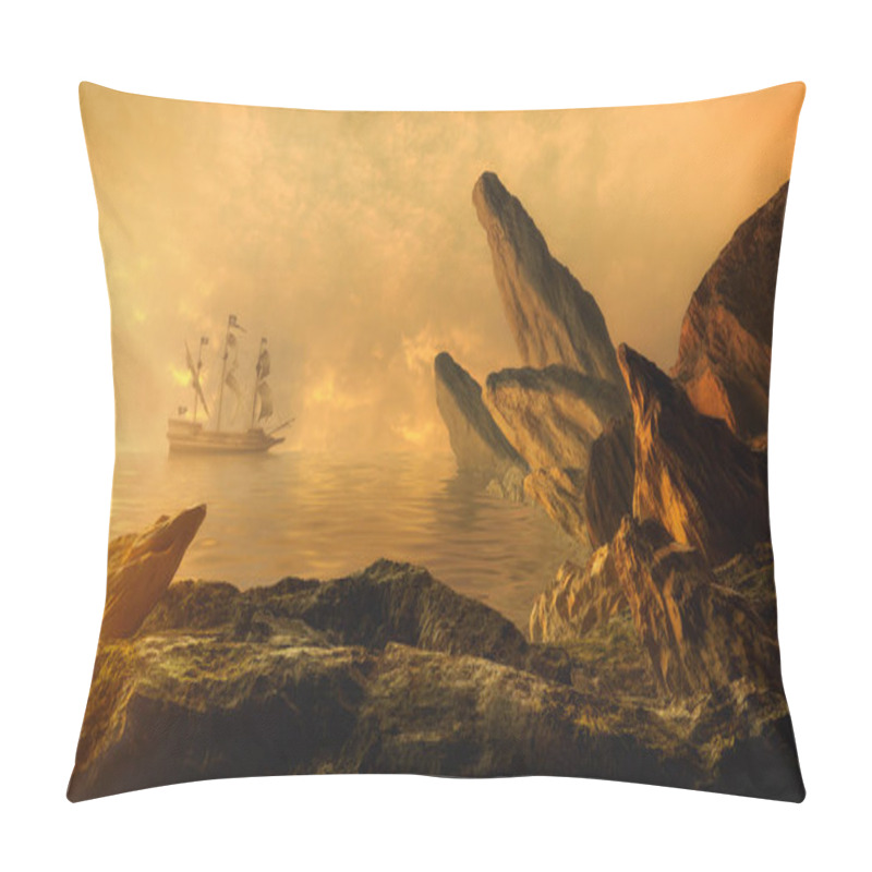 Personality  Fantasy Landscape With Spanish Galleon. Rock, Cliff And Stones With Foggy Sea. Mysterious Scenery. 3D Render Illustration. Pillow Covers