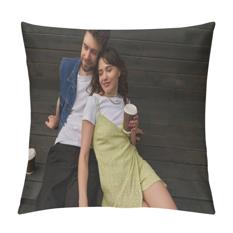 Personality  High Angle View Of Relaxed Brunette Woman In Sundress Holding Coffee To Go And Sitting Near Stylish Smiling Boyfriend And Wooden House In Rural Setting, Carefree Moments Concept, Tranquility Pillow Covers