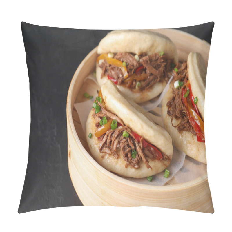 Personality  Delicious Gua Bao In Bamboo Steamer On Black Table, Closeup. Space For Text Pillow Covers