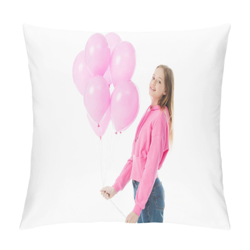 Personality  Happy Teenage Girl With Pink Balloons Looking At Camera Isolated On White Pillow Covers