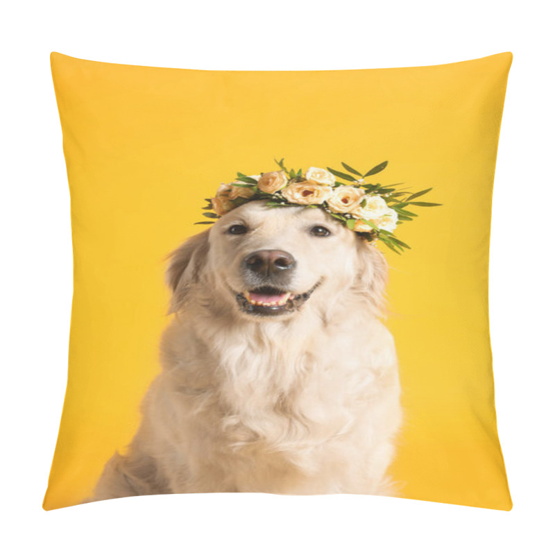 Personality  Adorable Golden Retriever Wearing Wreath Made Of Beautiful Flowers On Yellow Background Pillow Covers