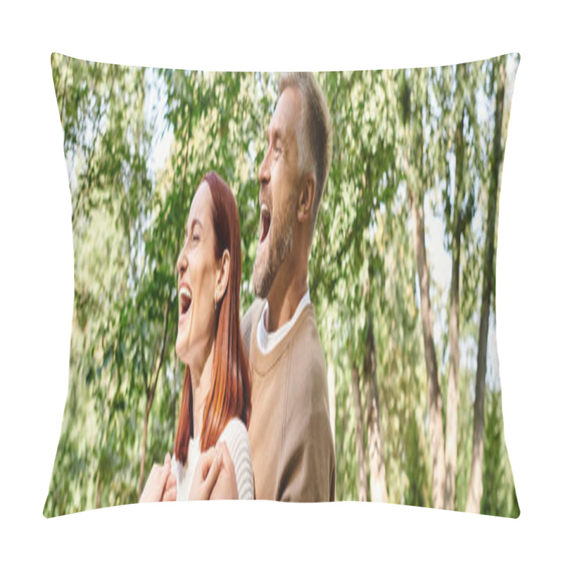 Personality  A Loving Couple In Casual Attire Standing In The Serene Woods. Pillow Covers