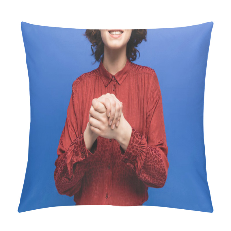 Personality  Partial View Of Smiling Teacher Showing Symbol Meaning Friendship On Sign Language Isolated On Blue Pillow Covers