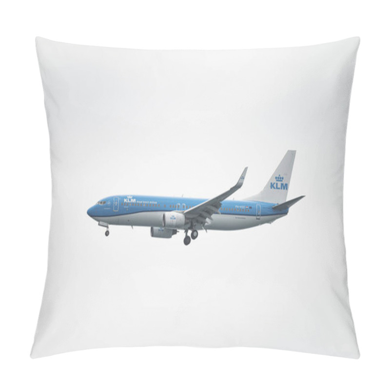 Personality  BARCELONA, SPAIN - Mar 28, 2021: Barcelona, Spain; March 25, 2021: Boeing 737 Of KLM Royal Dutch Airlines In The Air With White Background  Pillow Covers