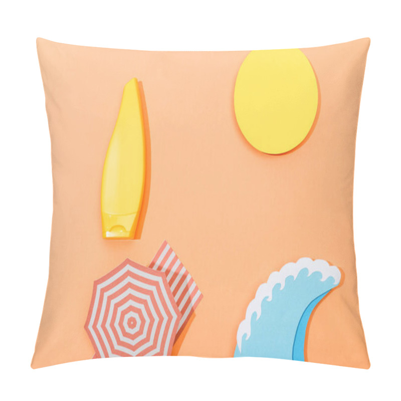 Personality  Top View Of Paper Cut Beach With Tube Of Sunscreen On Orange Pillow Covers