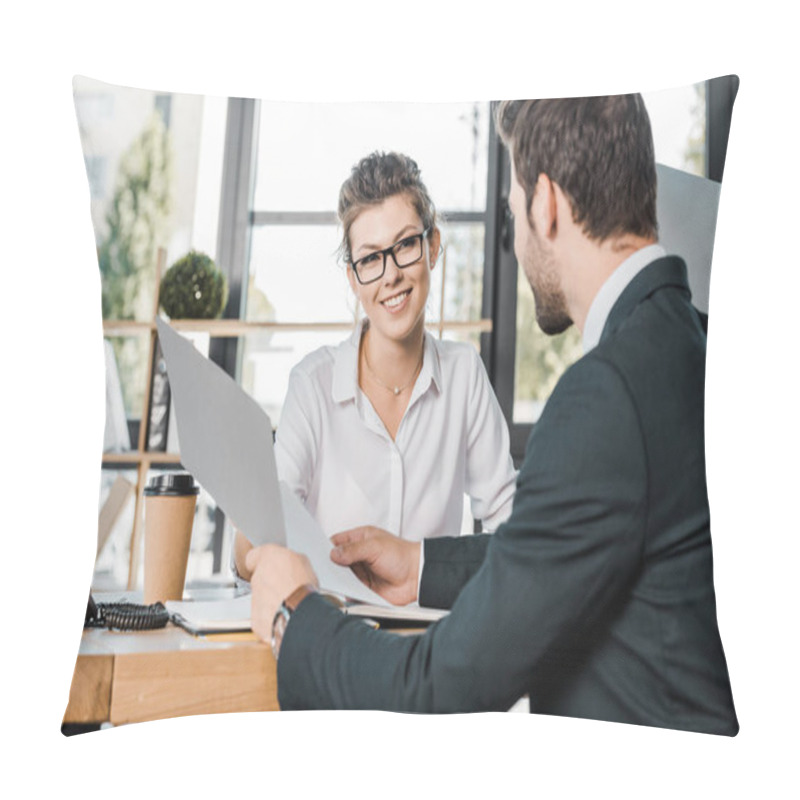 Personality  Smiling Businesswoman And Business Partner With Papers Discussing Work At Workplace In Office Pillow Covers