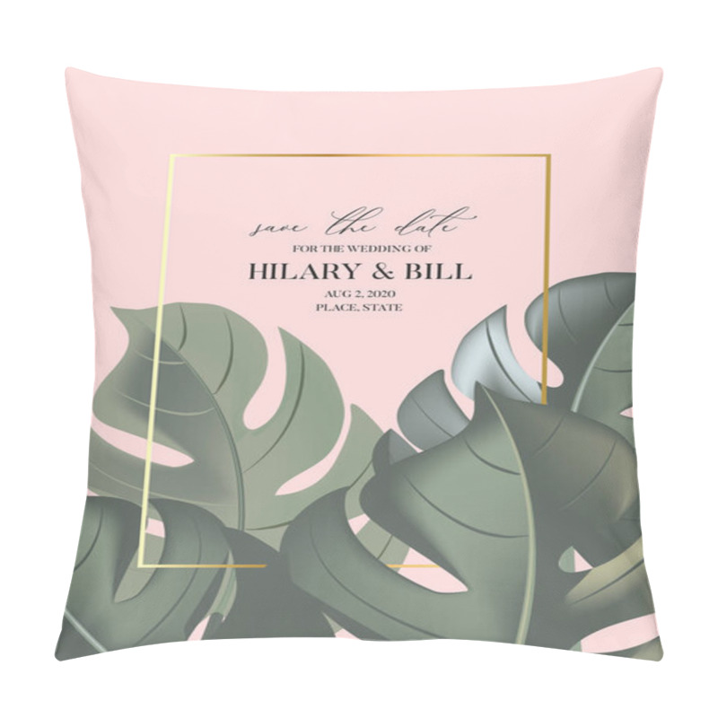 Personality  Pink Paradise Green Monstera Leaves Greeting Card, Poster Template, 3d Realistic Flower Floral Print, Jungle Summer Notebook Cover, Planner Art, Website Banner In Vector Pillow Covers