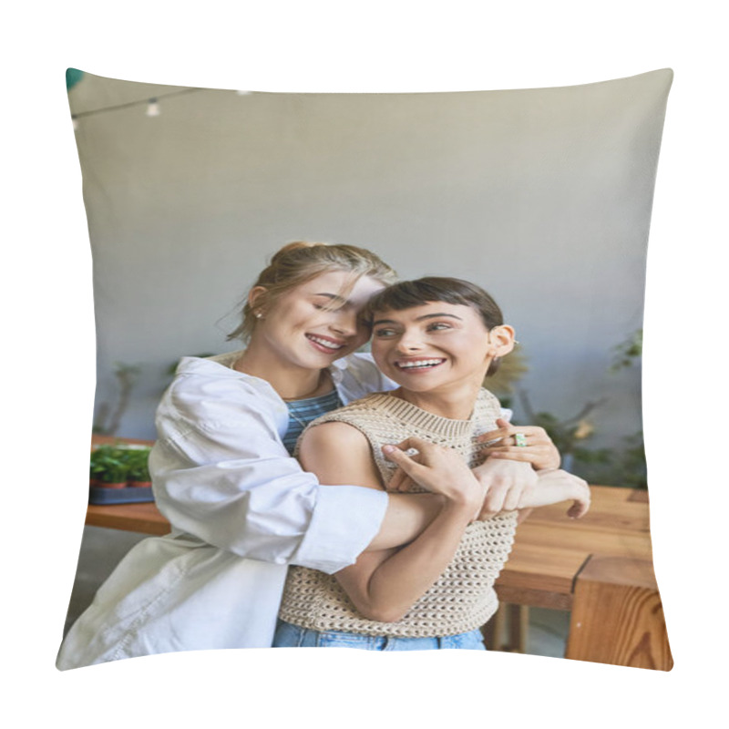 Personality  Young Couple Embracing In Front Of Table. Pillow Covers