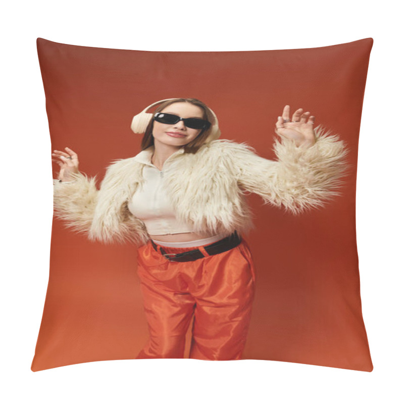 Personality  A Vibrant And Stylish Woman In A Fluffy White Coat And Sunglasses Joyfully Dances With Energy. Pillow Covers