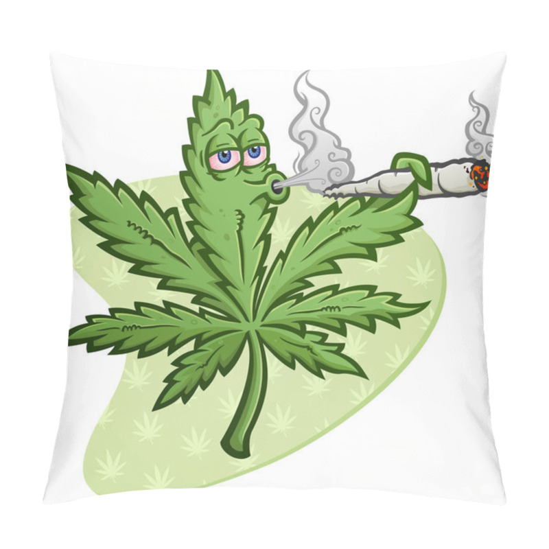 Personality  A Cheerful Marijuana Vector Cartoon Character Getting High And Smoking A Huge Rolled Up Pot Joint And Blowing Smoke Pillow Covers