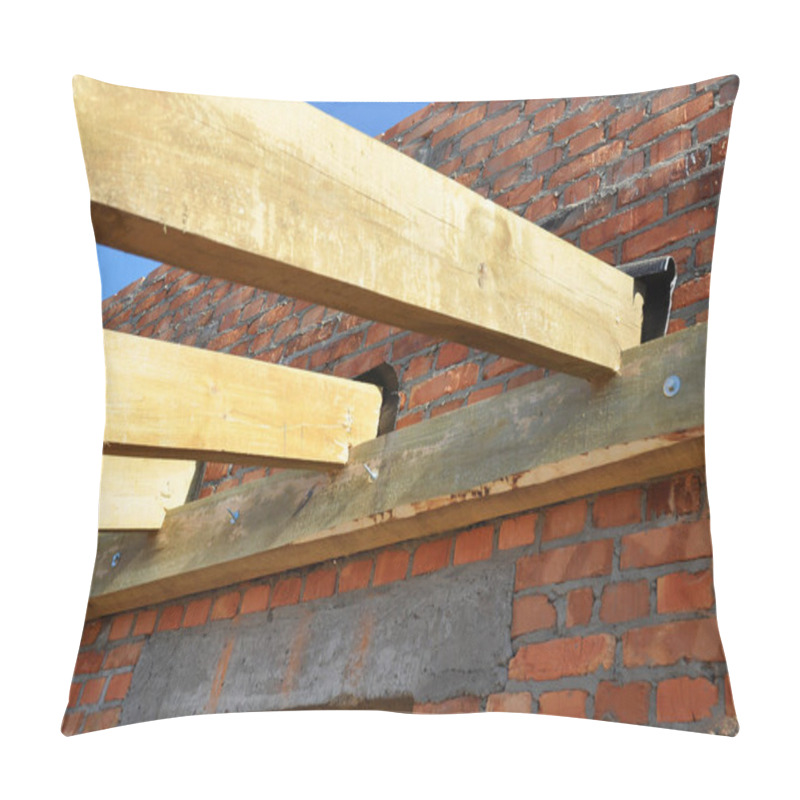 Personality  Wooden Beams Frame Roofing Construction On Brick House  Wall. Pillow Covers