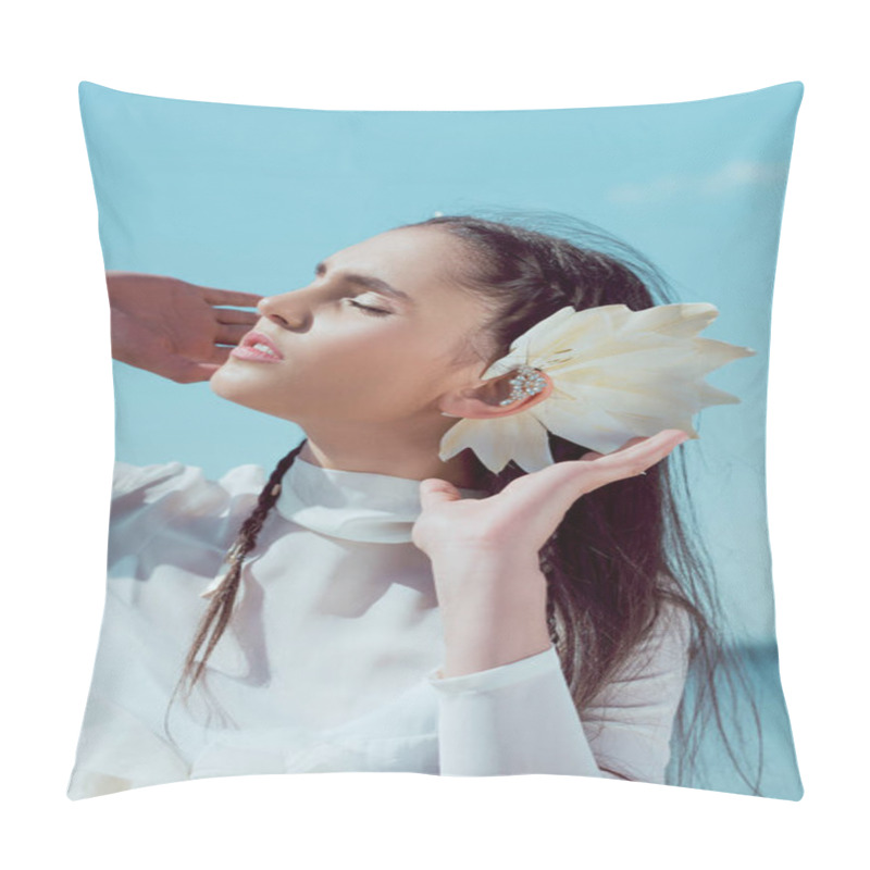 Personality  Portrait Of Adult Woman In White Swan Costume Standing On Blue Sky Background, Holding Hands Near Face Pillow Covers