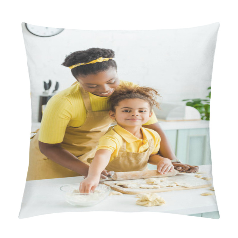 Personality  Cute African American Kid Looking At Camera Near Cheerful Mother And Dumplings On Cutting Board  Pillow Covers