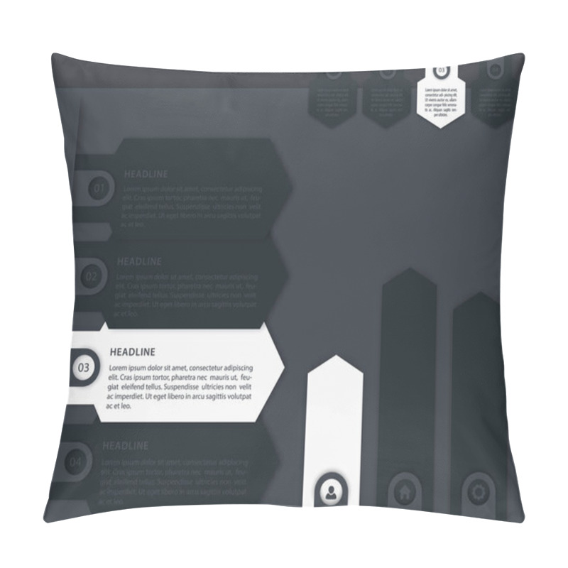 Personality  Business Infographics Elements, 1, 2, 3, 4 Steps, Timeline, Growth Arrows In Black, Gray And White Pillow Covers