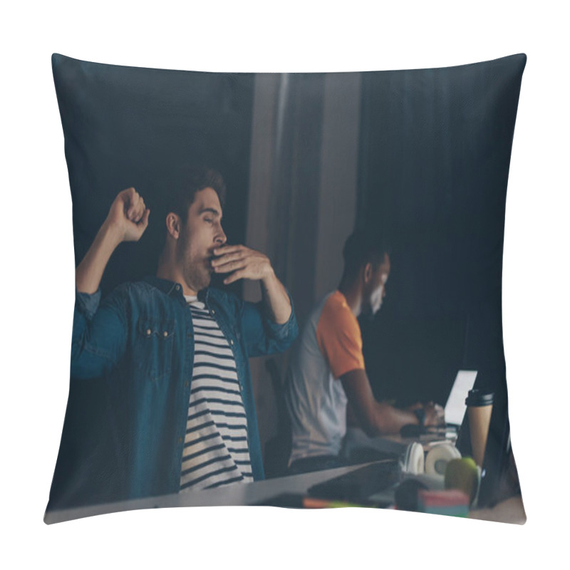 Personality  Selective Focus Of Tired Programmer Yawning While Sitting Near African American Colleague And Night In Office Pillow Covers