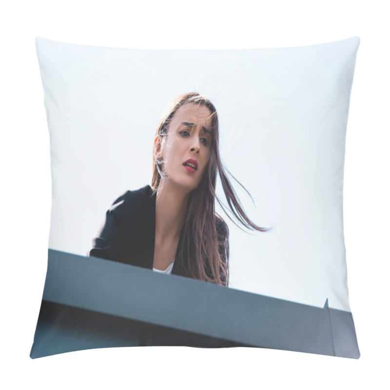 Personality  Young Businesswoman, Suffering From Fear Of Heights, Looking Down Rooftop Pillow Covers