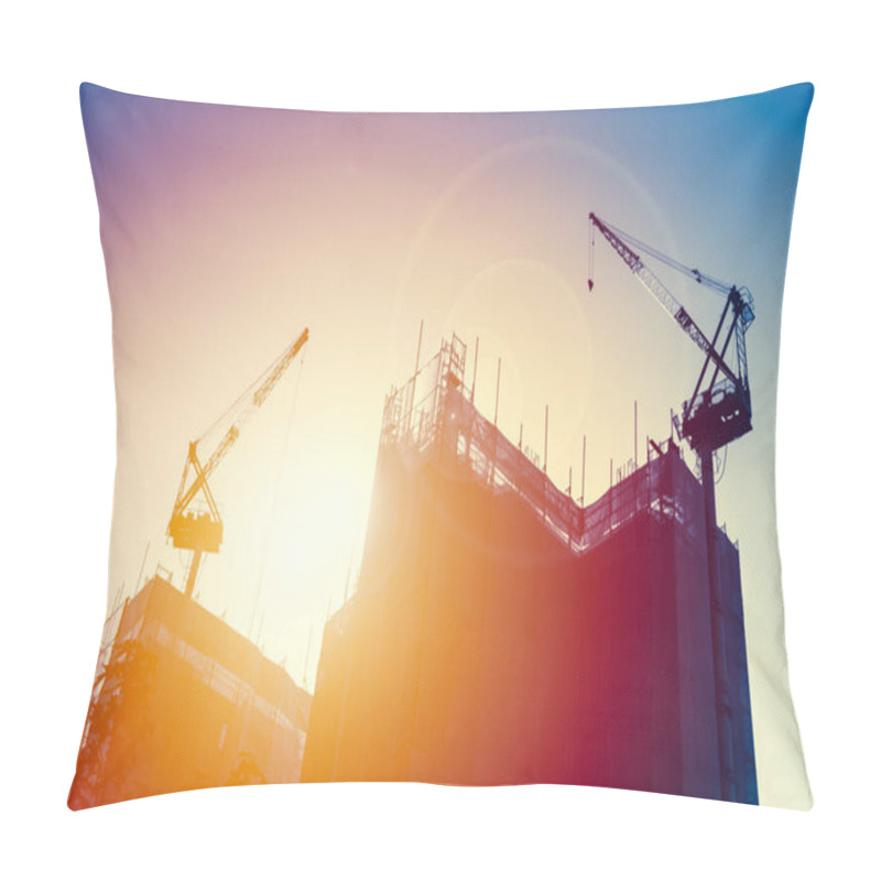 Personality  Crane With Under Construction Building With Sunset Sky. Growing Of Urban Metro Industrial Concept. Pillow Covers