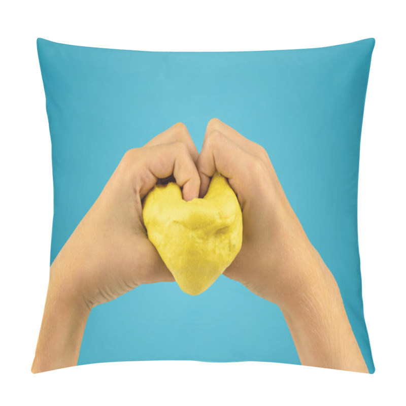 Personality  Heart Made Of Slime By Children's Hands On A Blue Background. Pillow Covers