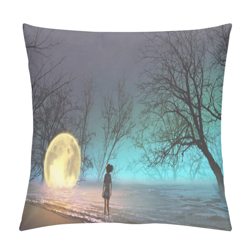 Personality  Night Scenery Of Young Woman Looking At The Fallen Moon On The Lake, Digital Art Style, Illustration Painting Pillow Covers