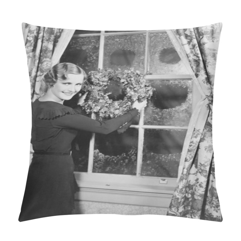 Personality  Woman Hanging Up A Holiday Wreath Pillow Covers