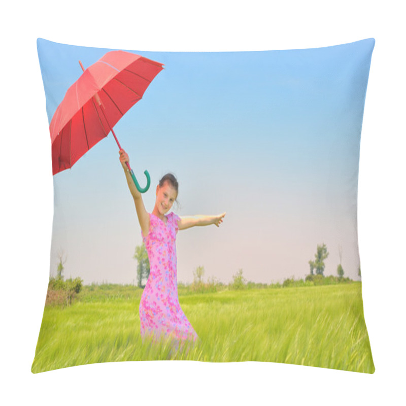 Personality  Teenage Girl With Red Umbrella In Wheat Field Pillow Covers