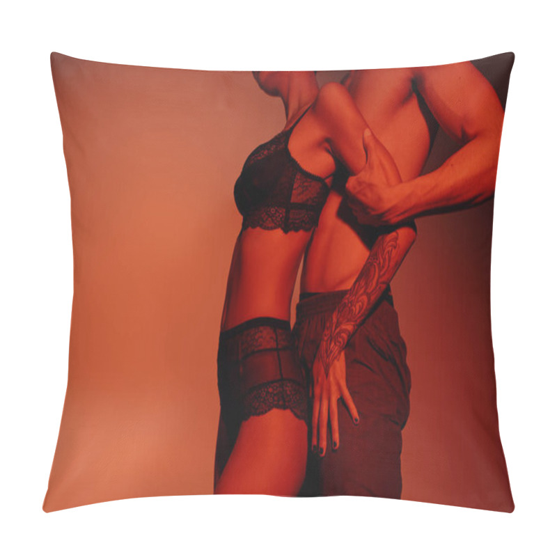 Personality  Partial View Of Sexy Woman In Black Lace Lingerie Near Shirtless Man On Red Background Pillow Covers