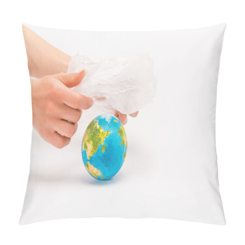 Personality  Cropped View Of Woman Holding Plastic Bag Above Globe On White, Global Warming Concept Pillow Covers