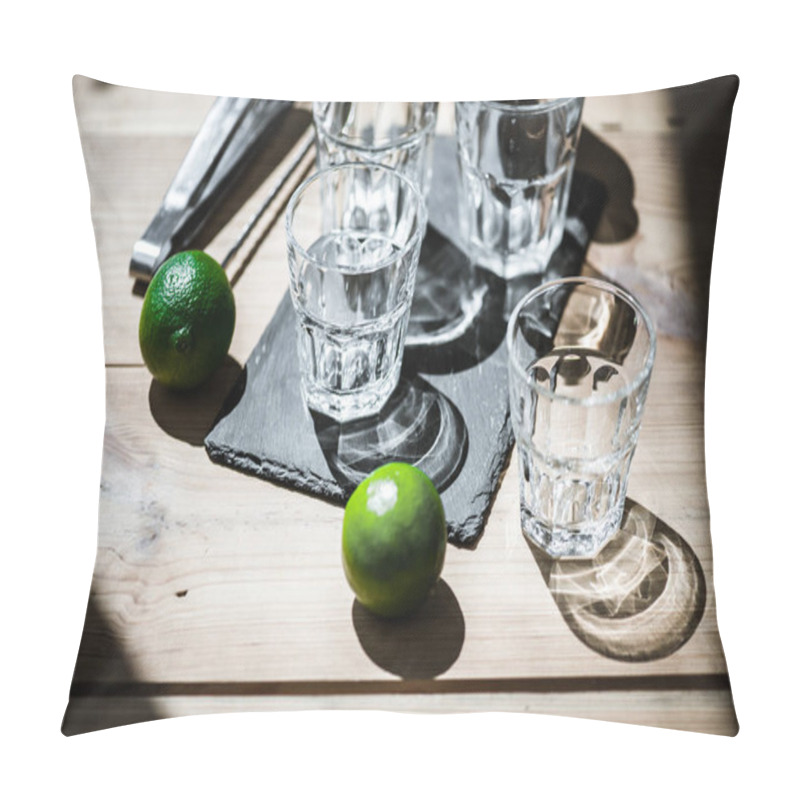 Personality  High Angle View Of Empty Glasses, Tongs And Fresh Limes On Wooden Table  Pillow Covers