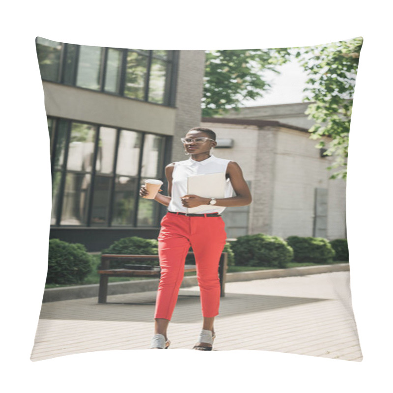 Personality  Stylish Attractive African American Businesswoman Walking On Street With Coffee In Paper Cup And Laptop Pillow Covers