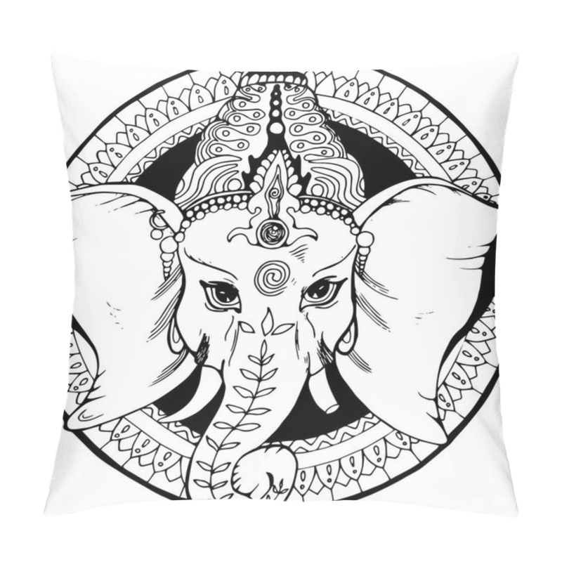 Personality  Illustration Of An Elephant Ganesha, A Hindu God. Black And White Drawing Pillow Covers