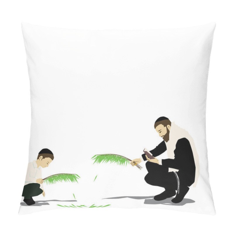 Personality  A Hassidic Jew With A Tallit And Next To Him A Young Religious Jewish Boy Beating A Willow On Sukkot On Hoshana Rabba They Say Hoshanot.Leaves Fall To The Floor.Vector Drawing. Pillow Covers