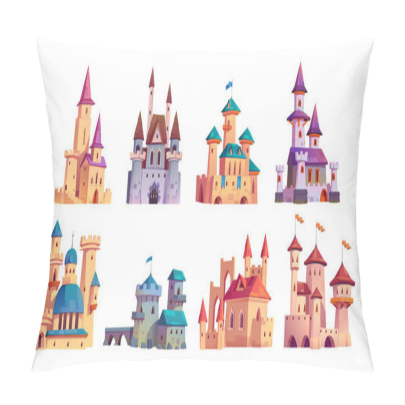 Personality  Medieval Castle Icon Vector Cartoon Kingdom Set. Ancient Fairytale Fort And Fantasy Building Architecture Exterior. Isolated Citadel Collection Design With Flag. Princess Tower Drawing Illustration Pillow Covers