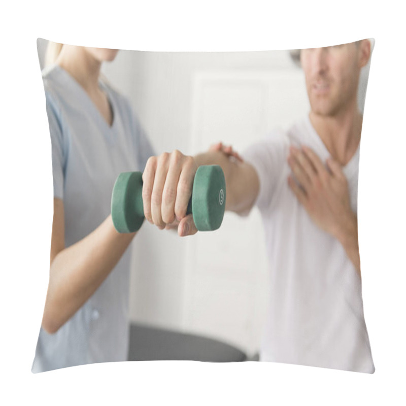 Personality  Patient At The Physiotherapy Doing Physical Exercises With His Therapist Pillow Covers